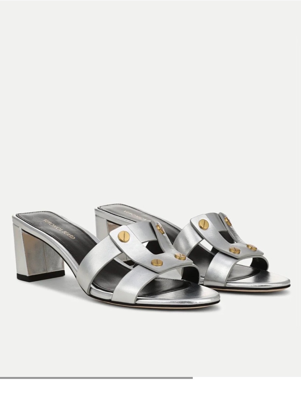 Veronica Beard Silver “Via” Leather Mid Heel Sandal